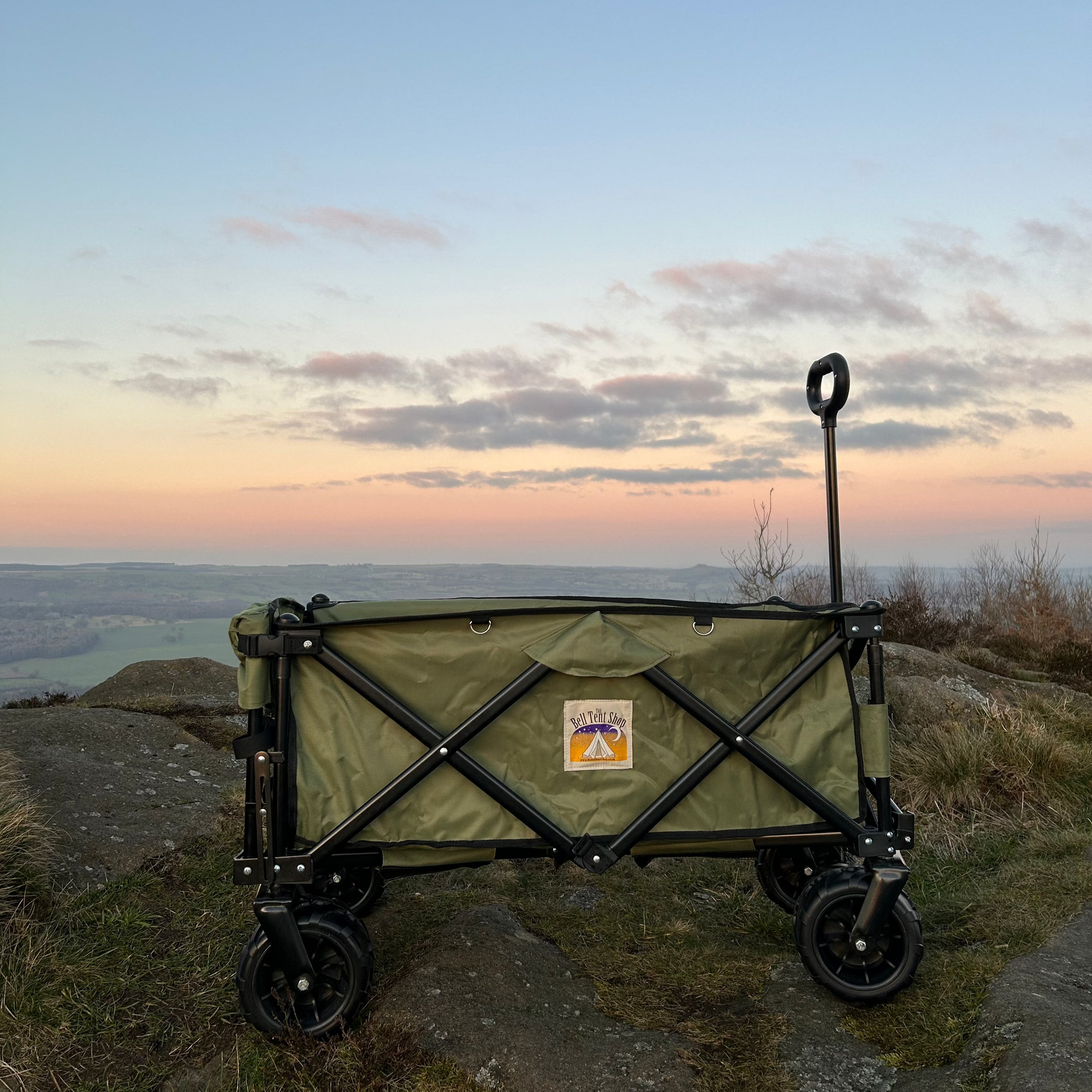 Unfolded festival trolley with The Bell Tent Shop logo